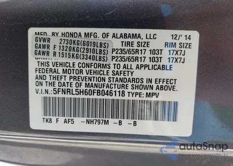 2015 Honda Odyssey Ex-L from USA, damaged, VIN 5FNRL5H60FB046118